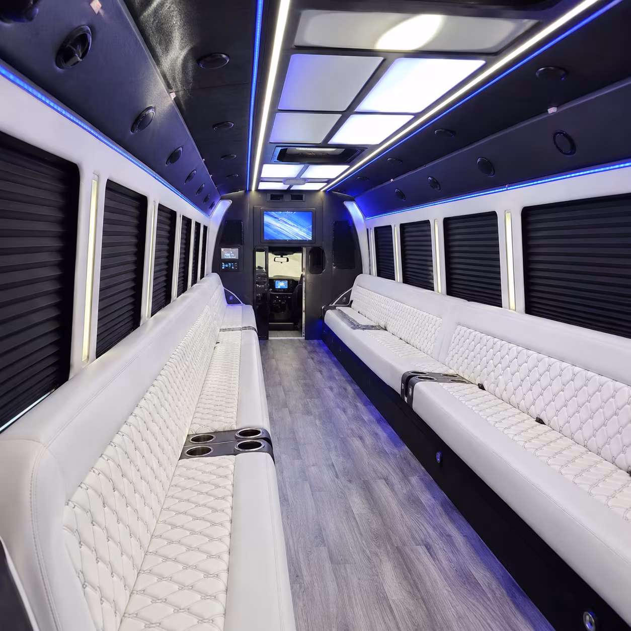 Passenger seating aboard a party bus rental serving Anaheim